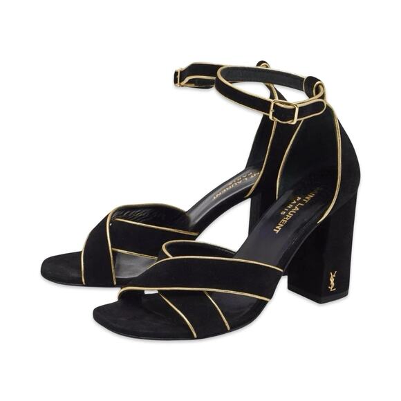 F0 Auth YVES SAINT LAURENT Black Suede Gold Trim Ankle Strap Sandal Heels Sz 38 - Picture 1 of 8